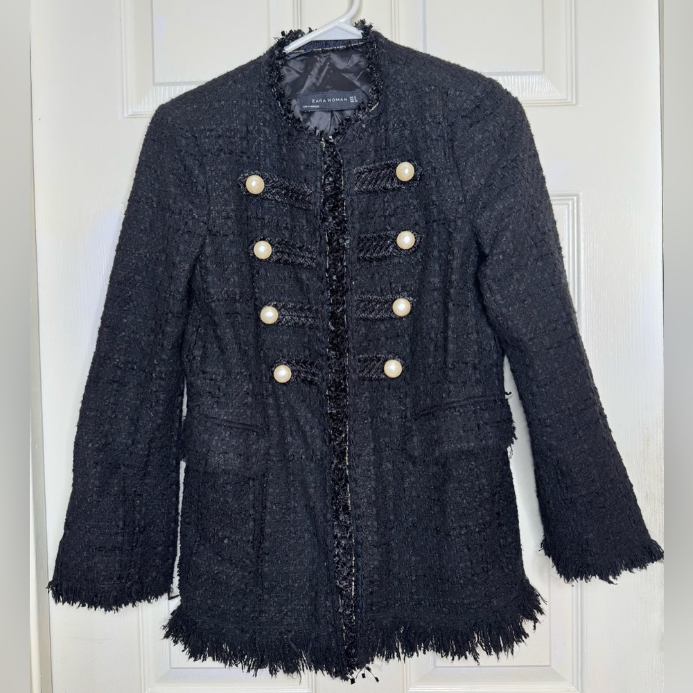 Woman ZARA black Tweed Military L/s Boucle Pearl Blazer Jacket Sz Small EUC